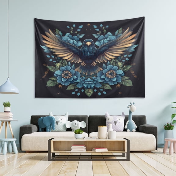 WOBOGO Golden Winged Crow Pattern Tapestry 60×51in Home Living Room Bedroom Wall Hanging Ornaments