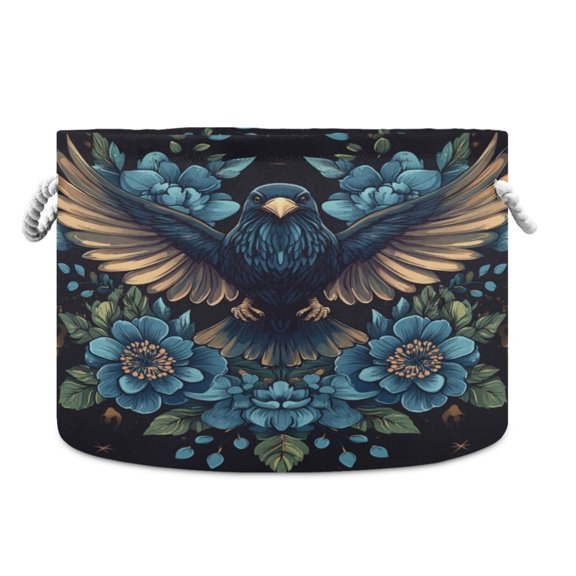 WOBOGO Golden Winged Crow Pattern Toy Storage Basket 2014in Canvas Laundry Hamper for Living Room Kids Room Bathroom Organizer