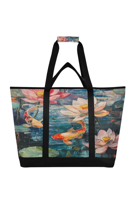 Goldfish in The Lotus Pond Tote Cooler Bag Fold Flat Insulated Shopping Bag With Zipper For Work Picnic Beach Use 186.724in