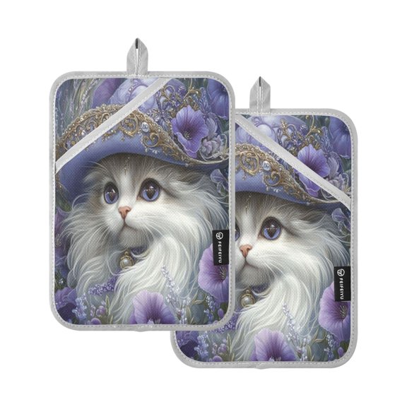 WOBOGO Gorgeous Persian Cat Oven Mitts 2 Piece Heat Resistant 338 Degrees F Square Insulation Pads for A Wide Range of Cooking Occasions