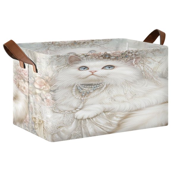 WOBOGO Gorgeous White Cat Storage Basket 16.9×11.4×10in Collapsible Oversized with Metal Iron Frame Set of 1