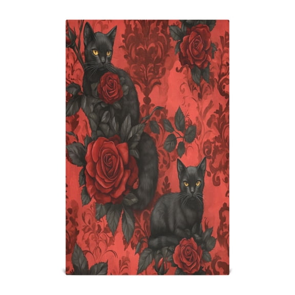 WOBOGO Gothic Roses Black Cats Pattern Kitchen Towel 1 Piece Large Cotton Dishcloth Premium Absorbency Set with Hanging Loop