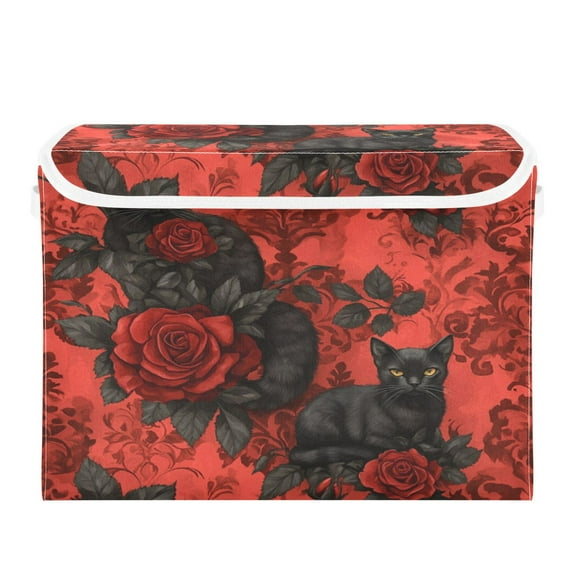 WOBOGO Gothic Roses Black Cats Pattern Large Collapsible Storage Box Flip Lid Fabric Decorative Organizer Container Basket with Handles 16.512.611.8in