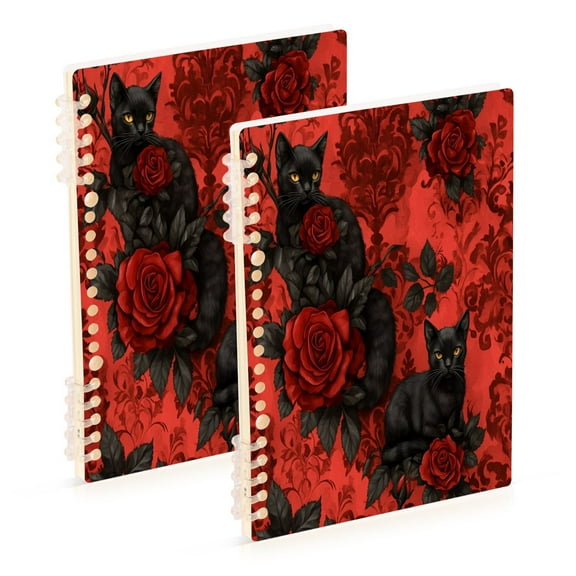 WOBOGO Gothic Roses Black Cats Pattern Notebook College Horizontal Grid Paper Ink Spill Resistant Water Resistant Cover 8.3x5.7x0.4in