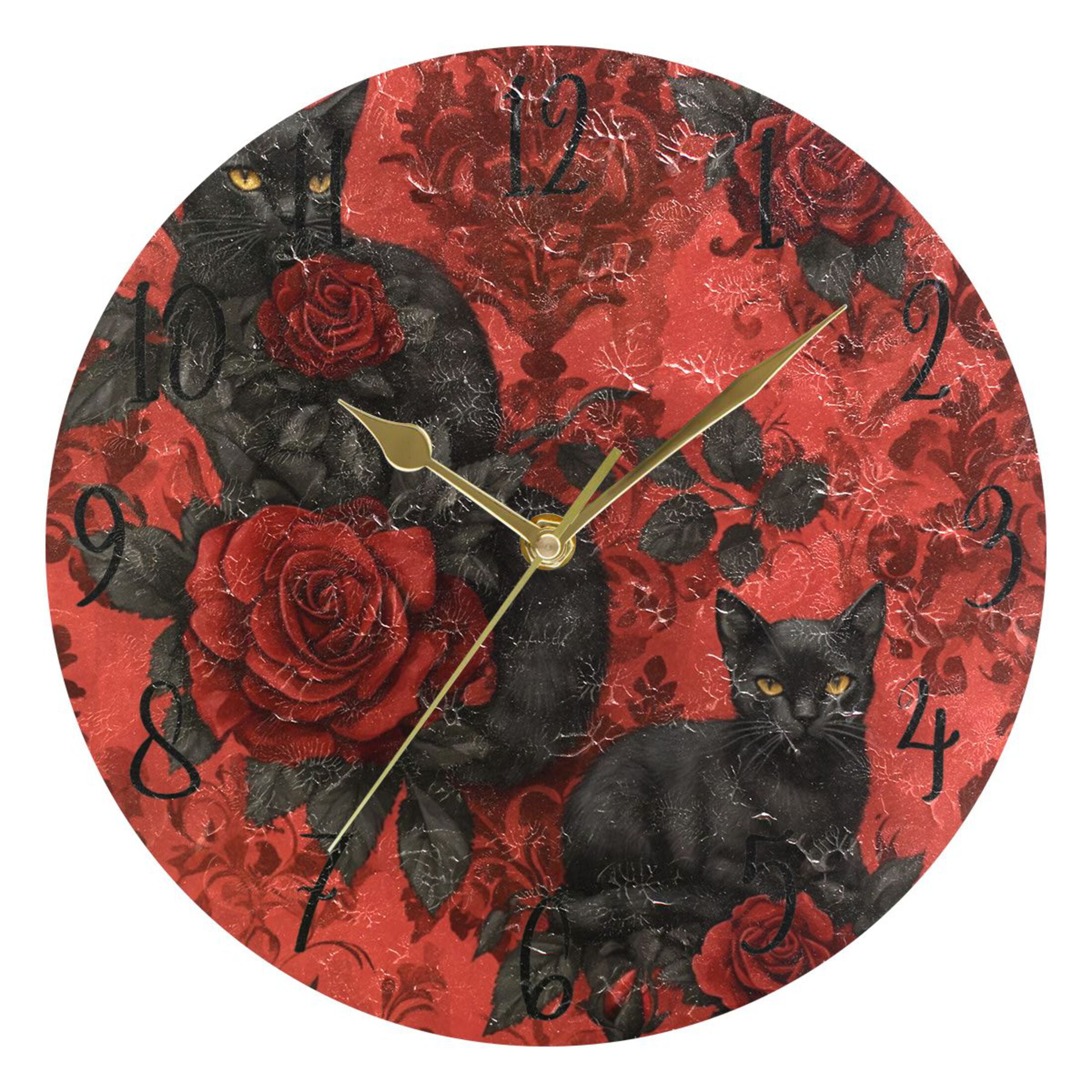 WOBOGO Gothic Roses Black Cats Pattern Wall Clock 10in Silent Mechanism ...