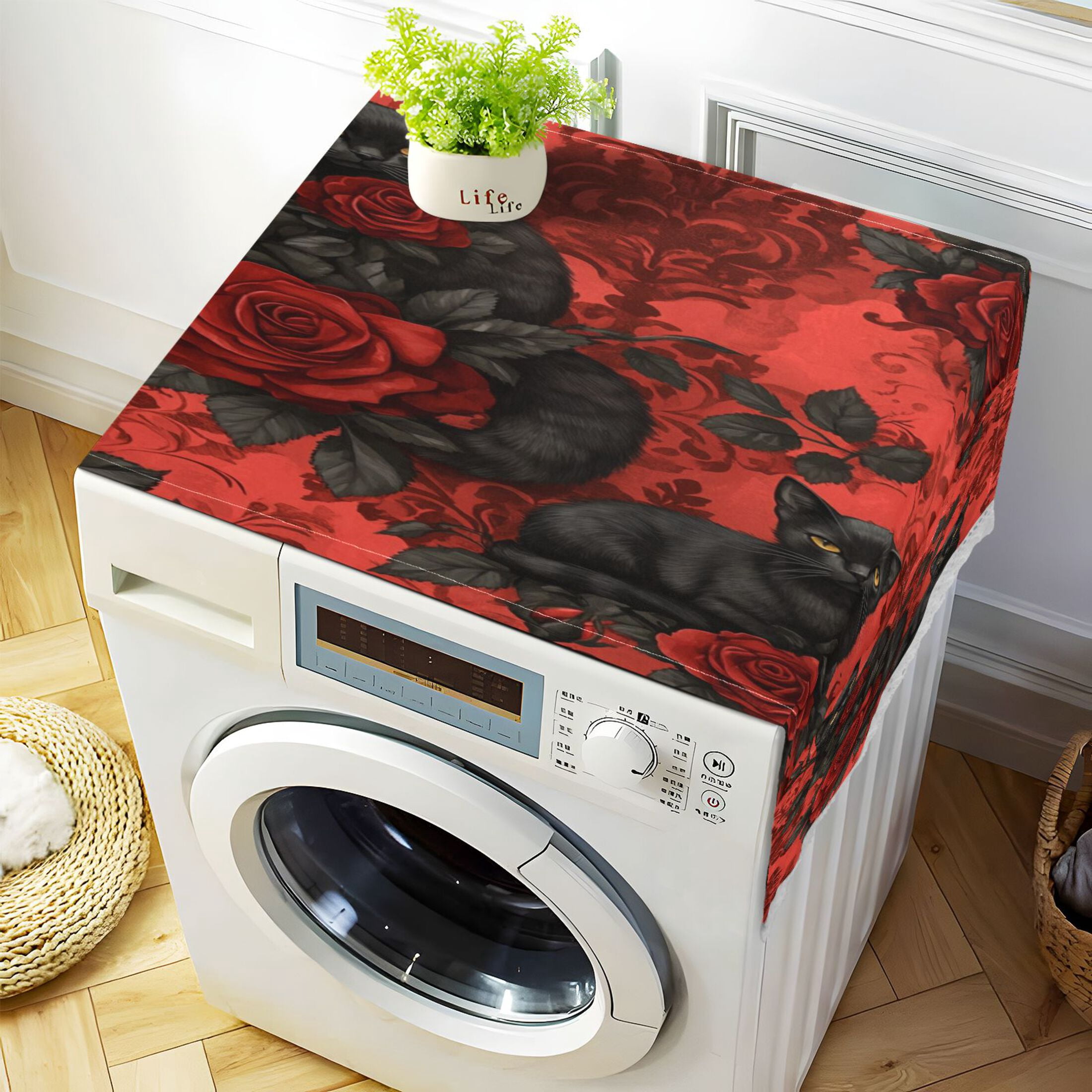 WOBOGO Gothic Roses Black Cats Pattern Washing Machine Cloth Dryer Refrigerator Top Cover Protective Non-Slip Mat For Kitchen Laundry