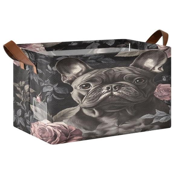 WOBOGO Gotland Ros Bulldog Pattern Storage Basket 16.9×11.4×10in Collapsible Oversized with Metal Iron Frame Set of 2