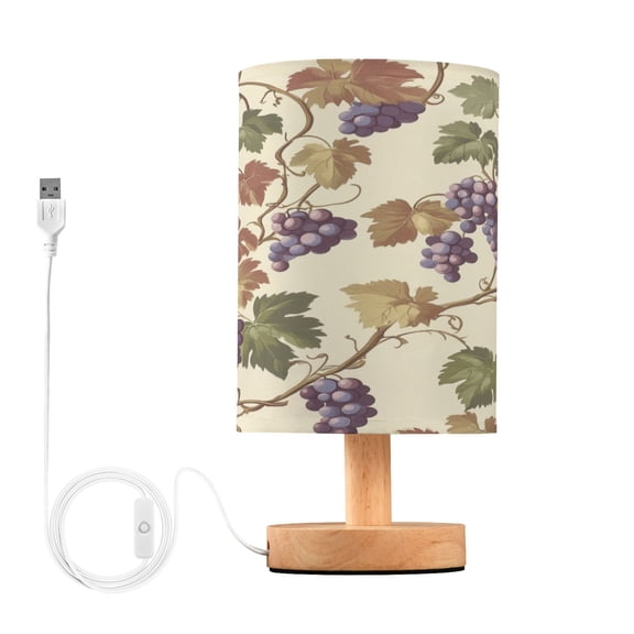 WOBOGO Grape Seamless Picture Bedroom Table Lamp USB Power Connector Wooden Base Round Linen Shade For Living Room Desk