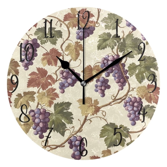 WOBOGO Grape Seamless Picture Wall Clock 10in Silent Mechanism Battery Operated Retro Style for Living Room Bedroom and Kitchen Black Pointer
