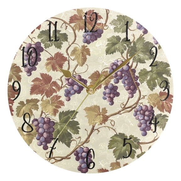 WOBOGO Grape Seamless Picture Wall Clock 10in Silent Mechanism Battery Operated Retro Style for Living Room Bedroom and Kitchen Gold Pointer