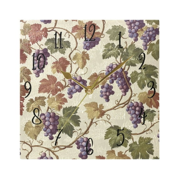 WOBOGO Grape Seamless Picture Wall Clock 7.78 Inch Battery Operated Silent Unit Square Rustic Vintage Style for Home Bedroom Office Gold Pointer