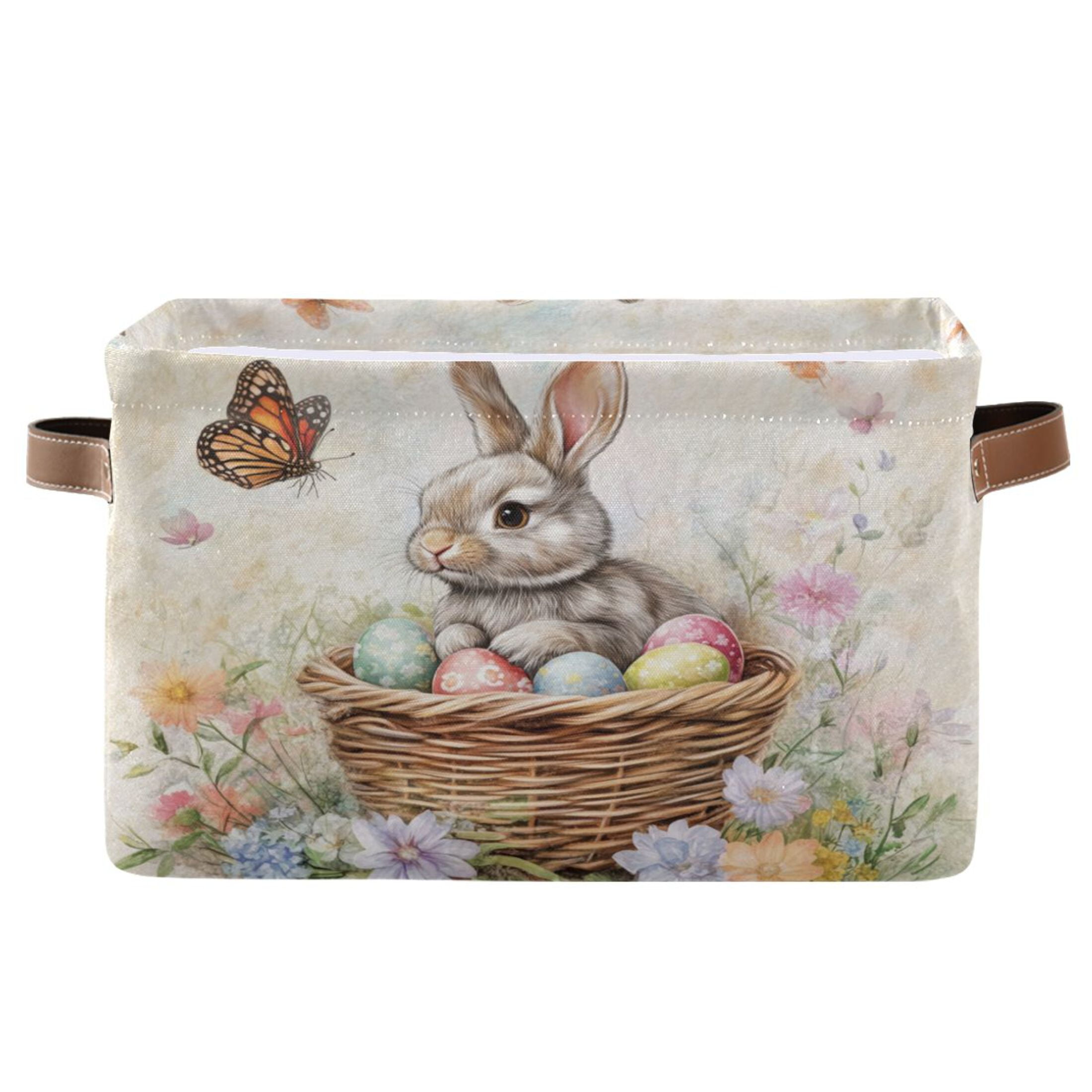 WOBOGO Gray Easter Rabbit Square Storage Basket with Waterproof Canvas and PE Lining Durable PU Leather Handles 14.2×10.2×8.3in
