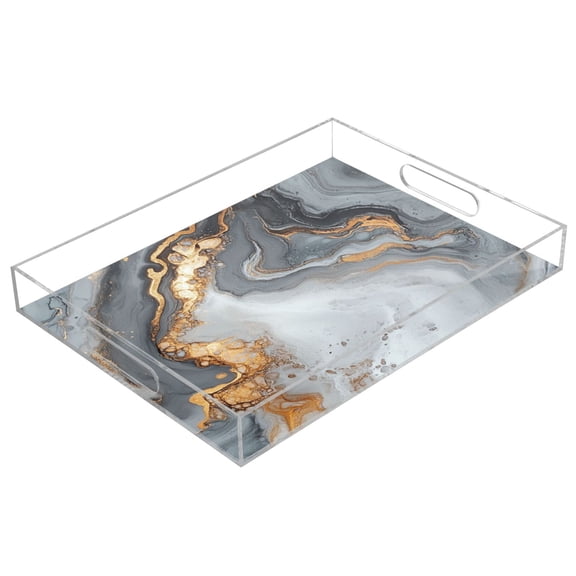 WOBOGO Gray Gilt Patterns Acrylic Serving Trays 15.7x11.8 Inch Spill Proof Clear Decorative Organizer with Handle