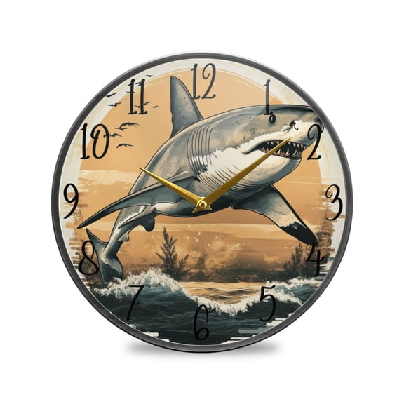 WOBOGO Great White Shark on The Oceans Illustration Acrylic Wall Clock Battery Operated 9.5in Silent No Tick Bedroom Living Room Office Classroom Decoration