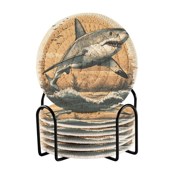 WOBOGO Great White Shark on The Oceans Illustration Coil Coasters Set of 6 Minimalist Cotton Woven 3.94 inch Non-Slip Insulated and Absorbent Home Accessories.