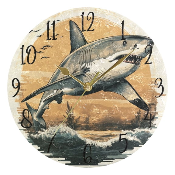 WOBOGO Great White Shark on The Oceans Illustration Wall Clock 10in Silent Mechanism Battery Operated Retro Style for Living Room Bedroom and Kitchen Gold Pointer