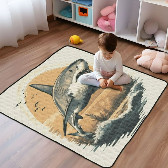 WOBOGO Great White Shark on The Oceans Illustration Baby Playmats Extra Large Waterproof Rollable Activity Pads for Toddlers 5050inch