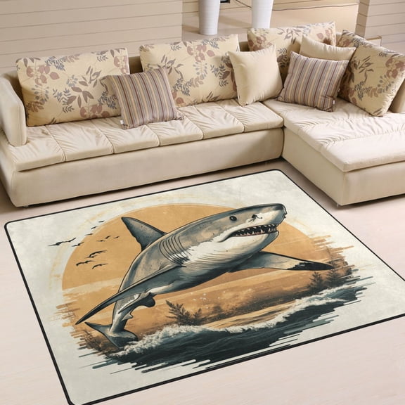 WOBOGO Great White Shark on The Oceans Illustration Carpet Non-Slip Rugs Soft Doormat 63×48in Living Dining Room Bedroom Decorative