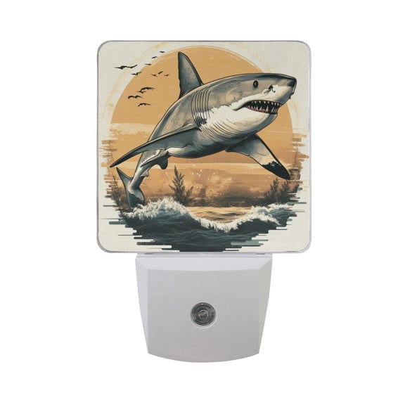 WOBOGO Great White Shark on The Oceans Illustration LED Night Light 2 Pcs Set 0.5 Watt Wall Plug in Dusk to Dawn Automatic Switch Soft White Light