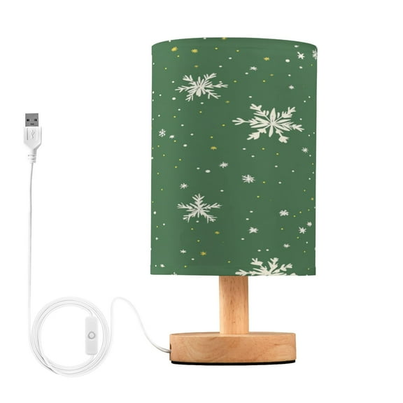WOBOGO Green Background with Snowflakes Bedroom Table Lamp USB Power Connector Wooden Base Round Linen Shade For Living Room Desk