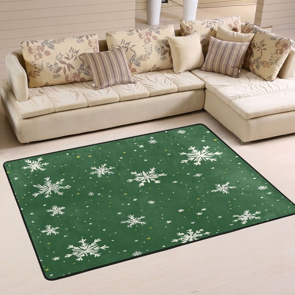 WOBOGO Green Background with Snowflakes Carpet Non-Slip Rugs Soft Doormat 36×24in Living Dining Room Bedroom Decorative