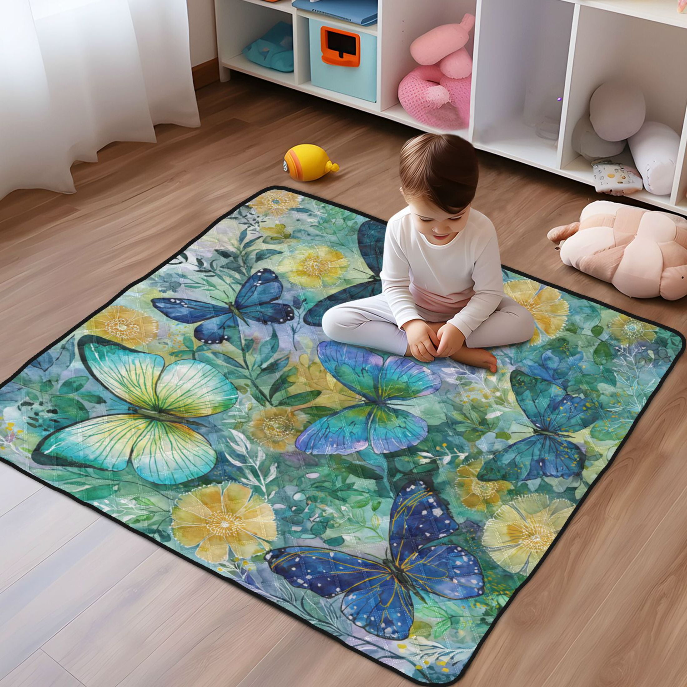 WOBOGO Green Butterfly Baby Playmats Extra Large Waterproof Rollable Activity Pads for Toddlers 50×50inch