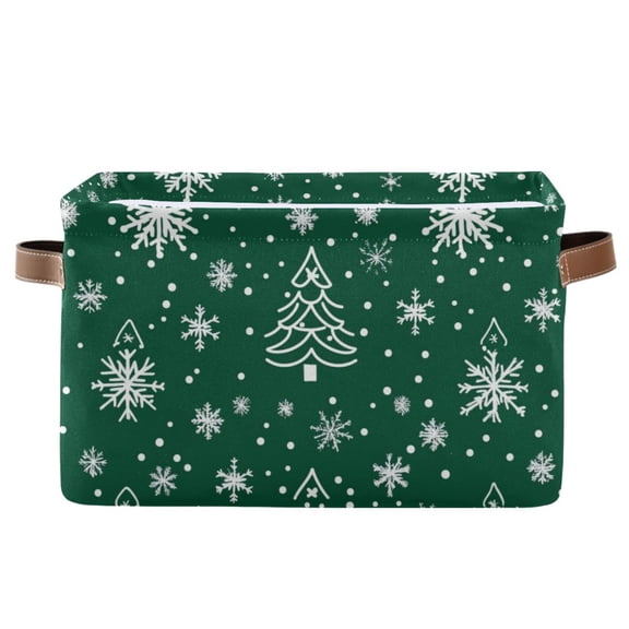 WOBOGO Green Christmas Tree Square Storage Basket with Waterproof Canvas and PE Lining Durable PU Leather Handles 14.2×10.2×8.3in