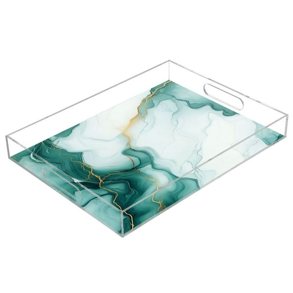 WOBOGO Green Gilt Marble Acrylic Serving Trays 15.7x11.8 Inch Spill Proof Clear Decorative Organizer with Handle