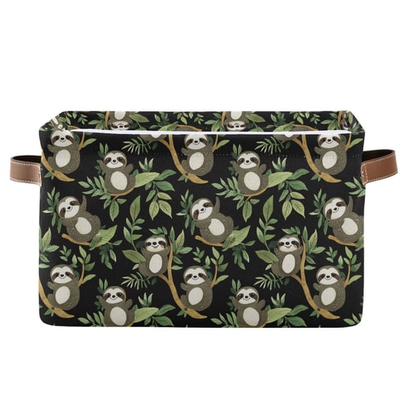 WOBOGO Green Leaf Sloth Pattern Square Storage Basket with Waterproof Canvas and PE Lining Durable PU Leather Handles 14.2×10.2×8.3in