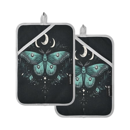 WOBOGO Green Moth Oven Mitts 2 Piece Heat Resistant 338 Degrees F Square Insulation Pads for A Wide Range of Cooking Occasions