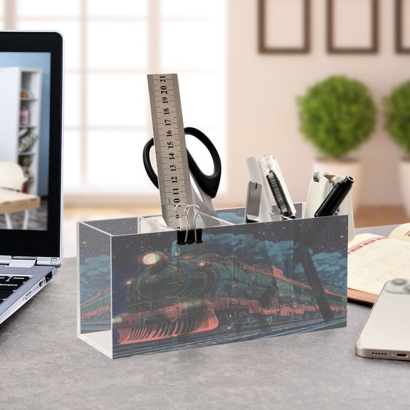 WOBOGO Green Train Acrylic Pen Holder 4 Compartments Clear Pencil Organizer Makeup Brush Storage Case