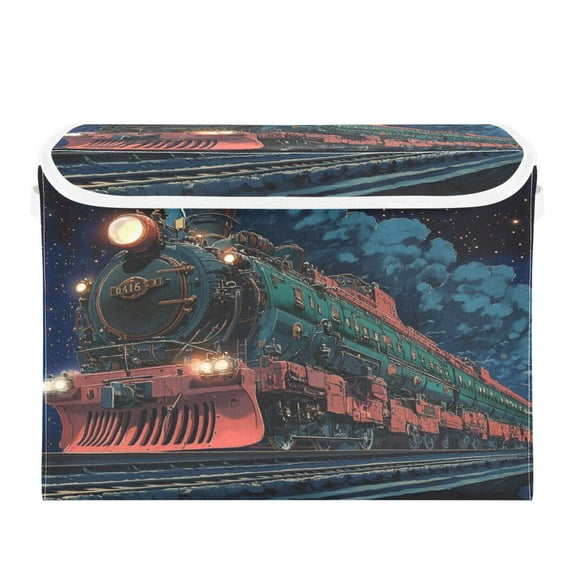 WOBOGO Green Train Large Collapsible Storage Box Flip Lid Fabric Decorative Organizer Container Basket with Handles 16.512.611.8in