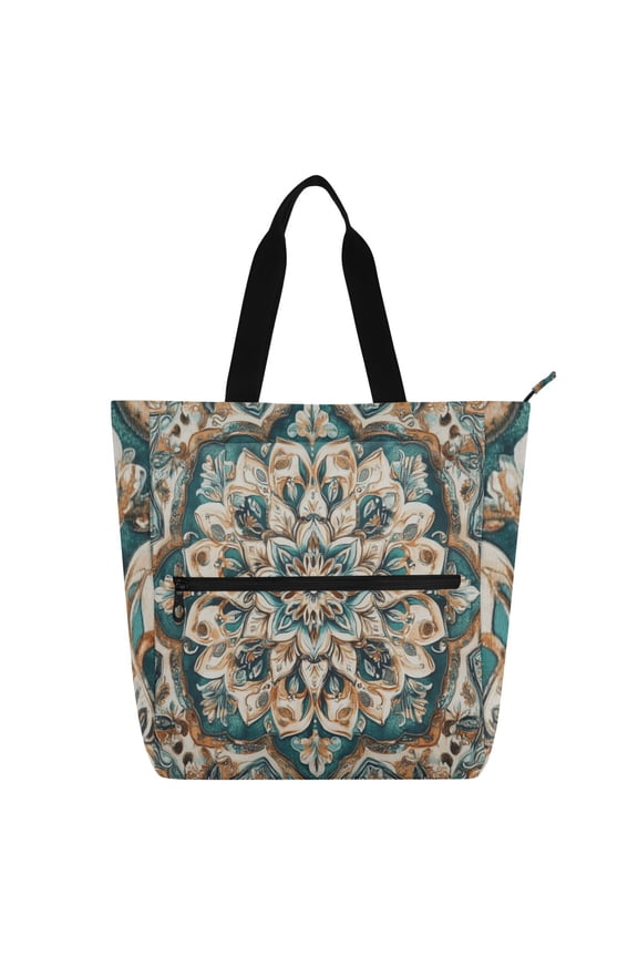 Greenish Brown Boho Pattern Tote Bag for Students Birthday Gifts for Book Lovers Can be Used for Piano Lesson Pack Field Trips