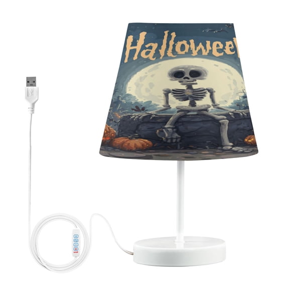 WOBOGO Halloween Cartoon Skeleton Table Lamps Bedroom 3-Speed Dimmable Farm Style with Fabric Shade for Reading and Home Office