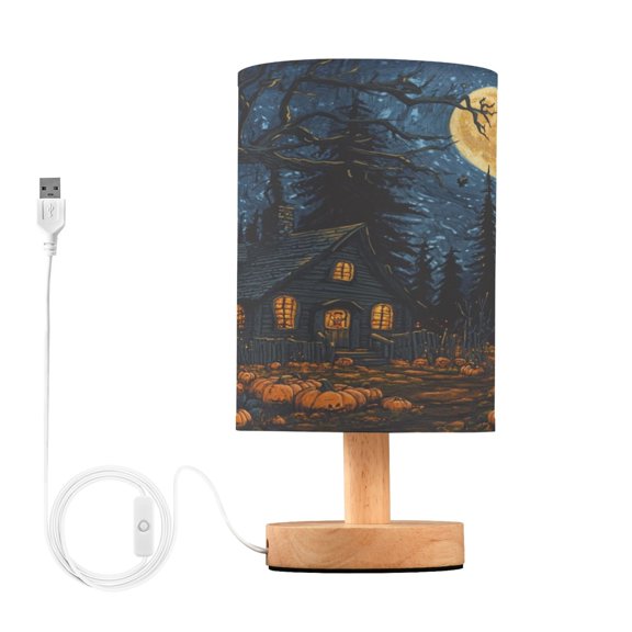 WOBOGO Halloween Decorated Cabin Bedroom Table Lamp USB Power Connector Wooden Base Round Linen Shade For Living Room Desk