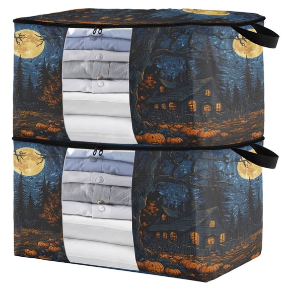 WOBOGO Halloween Decorated Cabin Clothes Storage 2Pack Foldable Thick Fabric Blanket Organizer Bag with Handle 21.65×13.78×12.4in