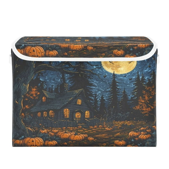 WOBOGO Halloween Decorated Cabin Large Collapsible Storage Box Flip Lid Fabric Decorative Organizer Container Basket with Handles 16.512.611.8in