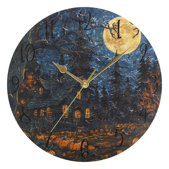 WOBOGO Halloween Decorated Cabin Wall Clock 10in Silent Mechanism Battery Operated Retro Style for Living Room Bedroom and Kitchen Gold Pointer