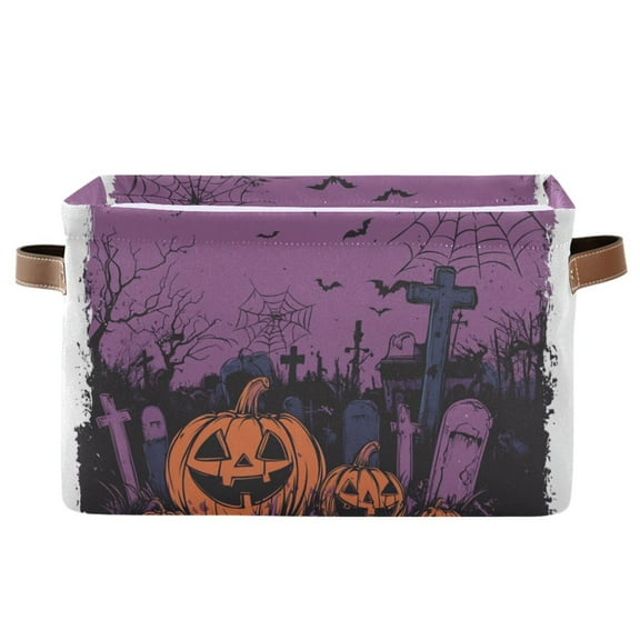 WOBOGO Halloween Night Background with Spooky Pumpkins Square Storage Basket with Waterproof Canvas and PE Lining Durable PU Leather Handles 14.2×10.2×8.3in