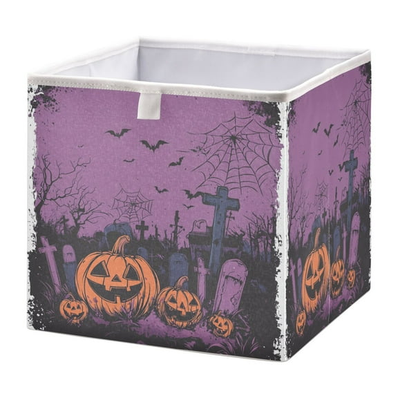 WOBOGO Halloween Night Background with Spooky Pumpkins Storage Basket Foldable Easy to Clean Durable with Hollow Support Plate with Handle 11.02×11.02×11.02 in