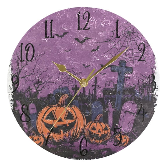 WOBOGO Halloween Night Background with Spooky Pumpkins Wall Clock 10in Silent Mechanism Battery Operated Retro Style for Living Room Bedroom and Kitchen Gold Pointer