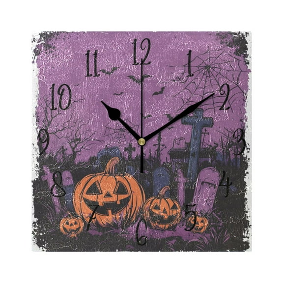 WOBOGO Halloween Night Background with Spooky Pumpkins Wall Clock 7.78 Inch Battery Operated Silent Unit Square Rustic Vintage Style for Home Bedroom Office Black Pointer