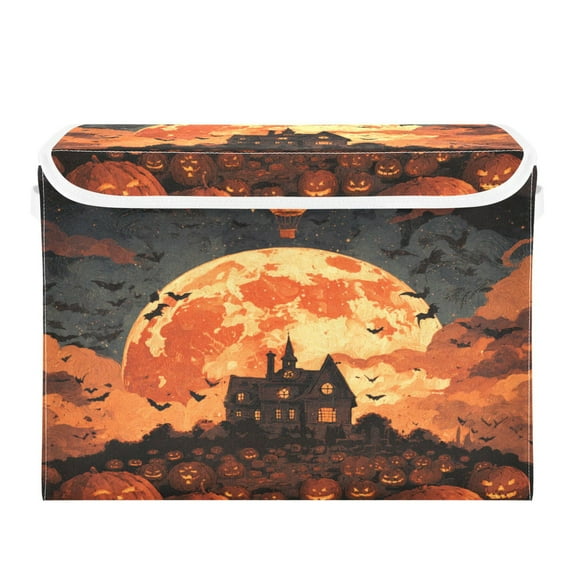 WOBOGO Halloween Pumpkin House Large Collapsible Storage Box Flip Lid Fabric Decorative Organizer Container Basket with Handles 16.512.611.8in