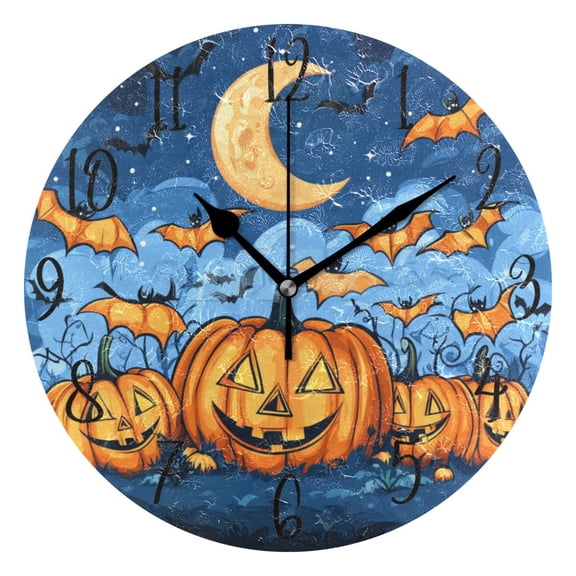 WOBOGO Halloween Pumpkins Wall Clock 10in Silent Mechanism Battery Operated Retro Style for Living Room Bedroom and Kitchen Black Pointer
