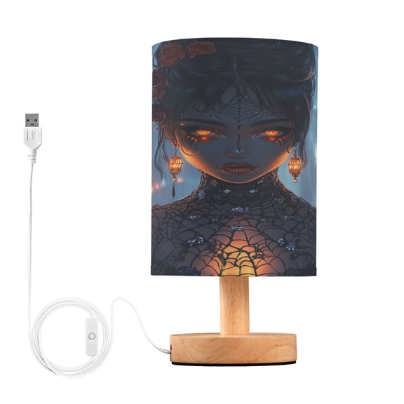 WOBOGO Halloween Queen Bedroom Table Lamp USB Power Connector Wooden Base Round Linen Shade For Living Room Desk