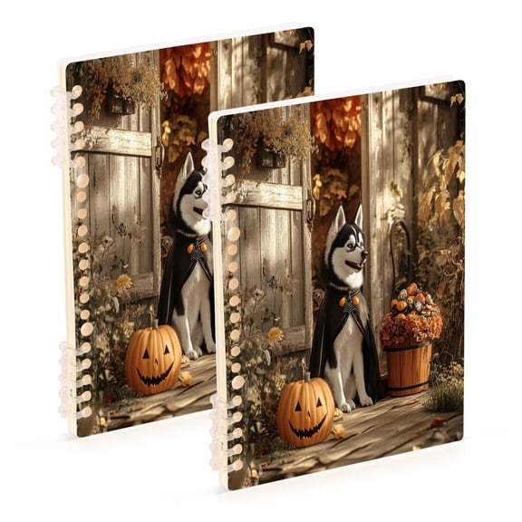 WOBOGO Hallowween Husky Notebook College Horizontal Grid Paper Ink Spill Resistant Water Resistant Cover 8.3x5.7x0.4in