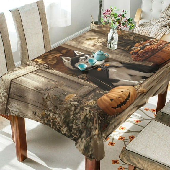 WOBOGO Hallowween Husky Square Tablecloth 54×54in Polyester Fabric Tablecloth Washable Dust Resistant Wrinkle Resistant