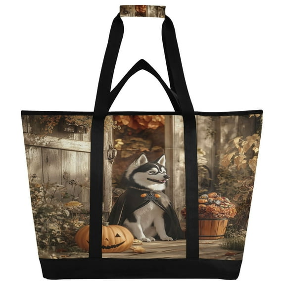 WOBOGO Hallowween Husky Tote Cooler Bag Fold Flat Insulated Shopping Bag With Zipper For Work Picnic Beach Use 186.724in