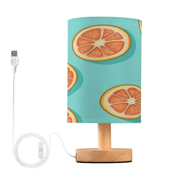 WOBOGO Halved Orange Pattern Bedroom Table Lamp USB Power Connector Wooden Base Round Linen Shade For Living Room Desk