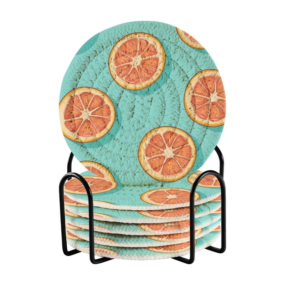 WOBOGO Halved Orange Pattern Coil Coasters Set of 6 Minimalist Cotton Woven 3.94 inch Non-Slip Insulated and Absorbent Home Accessories.